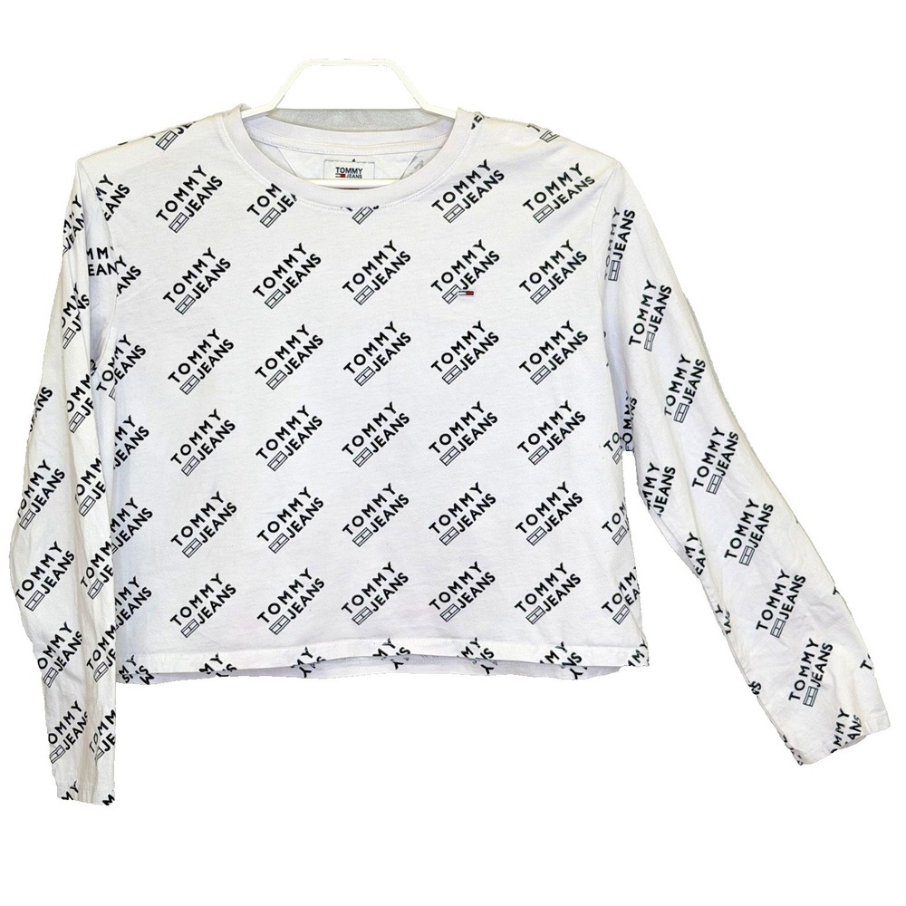 Tommy Jeans Y2K Crop T-Shirt Womens Large Long Sleeve Allover Spellout Cotton